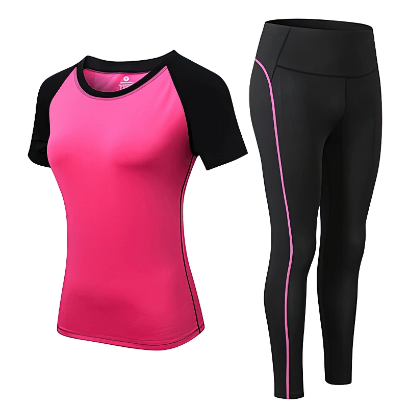 Pink and black Sports Elastic Women's Short-Sleeve Split Suit for yoga, running, and fitness, made of eco-friendly quick-dry fabric.